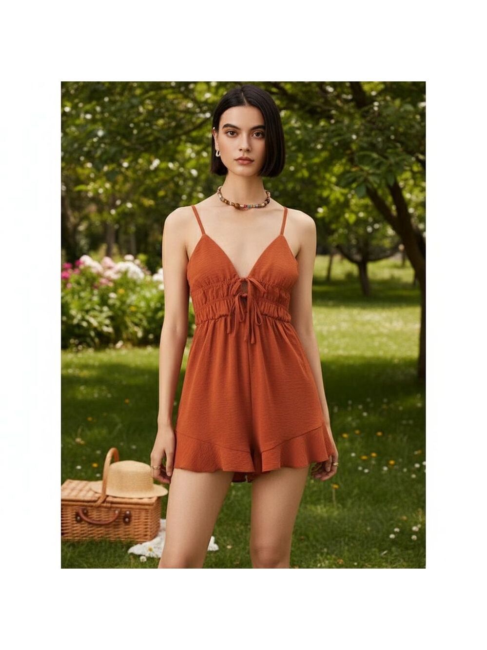 Cider V-Neck Rust Knotted Ruched Tie-Front Ruffle Hem Romper Medium